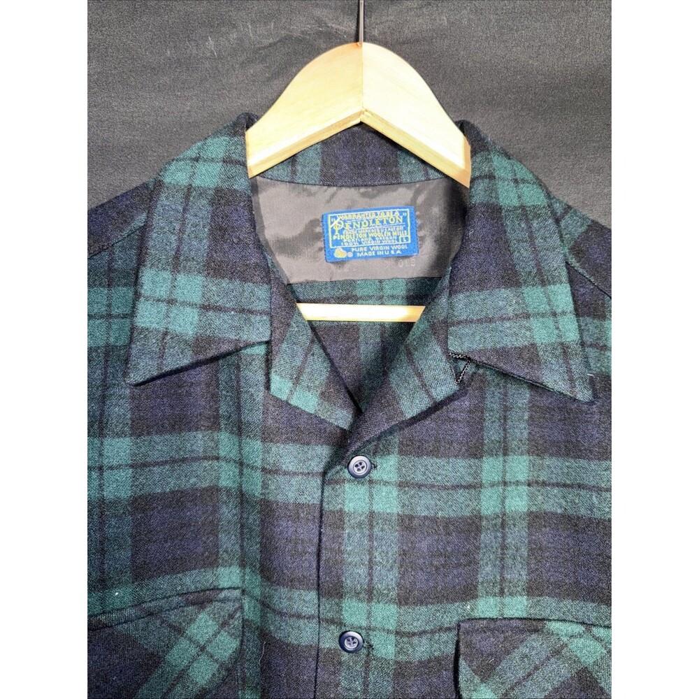 Vintage Rare Pendleton Tartan Navy Green Black Watch Plaid Board Shirt - Size L